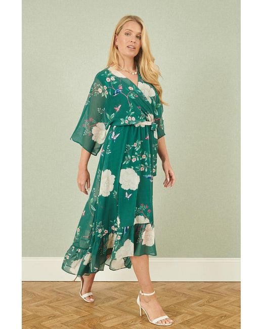 Yumi' Green Bird And Floral Print Midi Wrap Dress