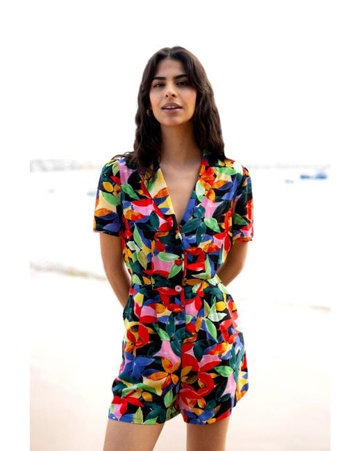 Yumi' Red Multicolour Tropical Leaf Print Playsuit