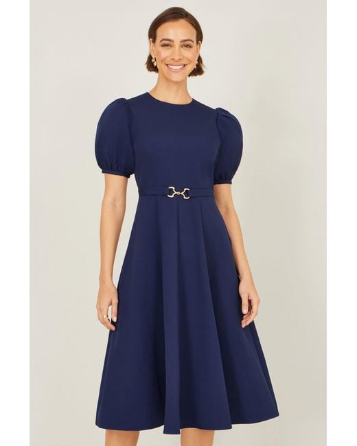 Yumi' Blue Skater Dress With Puff Sleeves And Buckle Detail