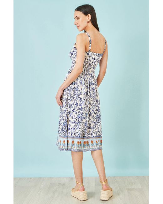 Yumi' Blue Floral Border Print Viscose Midi Sun Dress