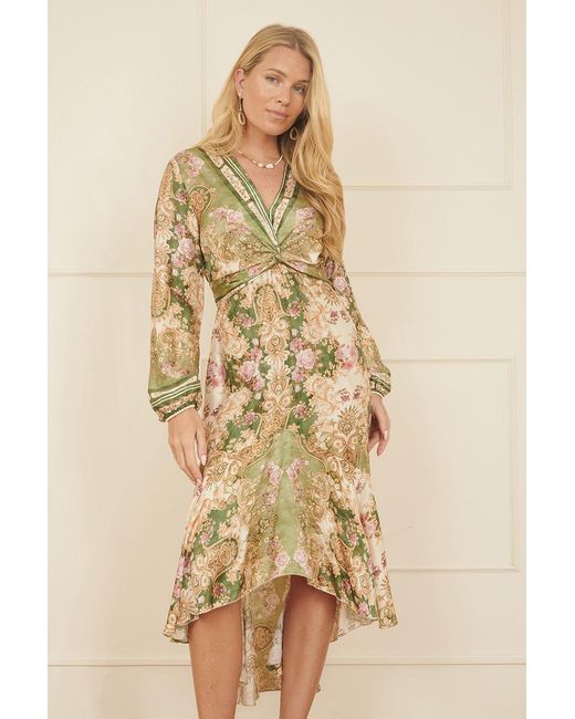 Yumi' Natural Viscose Scarf Print Tie Front Midi Dress With Dip Hem