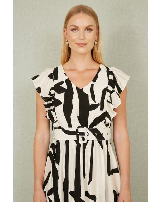 Yumi' White Ivory Abstract Print Viscose Midi Dress With Matching Belt