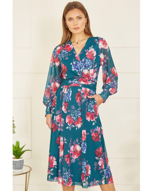 Yumi' Blue Floral Print Stretch Mesh Dress With Pockets