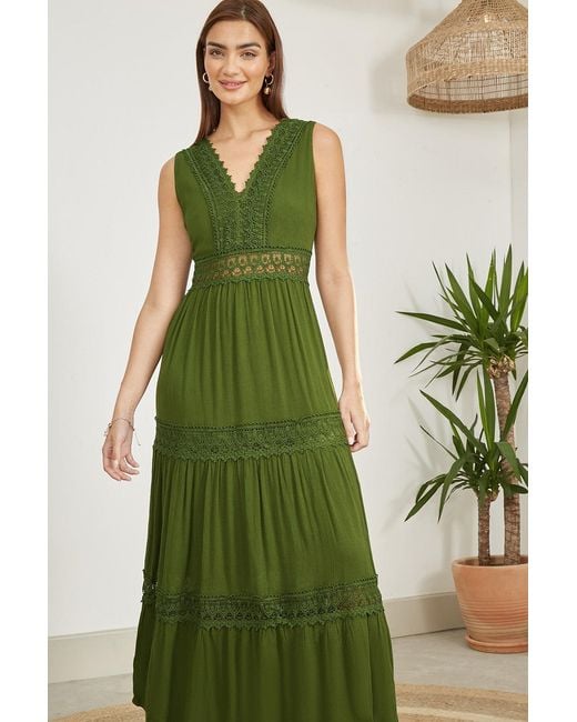 Yumi' Green Lace Trim Cotton Midi Sun Dress