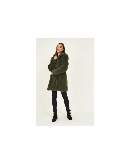 Yumi' Green Longline Faux Fur Coat