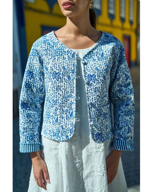 Yumi' Blue Boho Floral Print Cropped Reversible Cotton Quilted Jacket