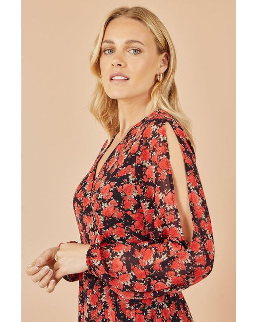 Yumi' Red Rose Print Dipped Hemline Midi Dress With Open Long Sleeves