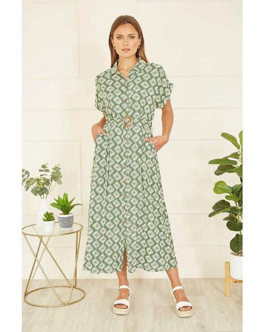 Yumi' Green Viscose Midi Shirt Dress With Matching Belt
