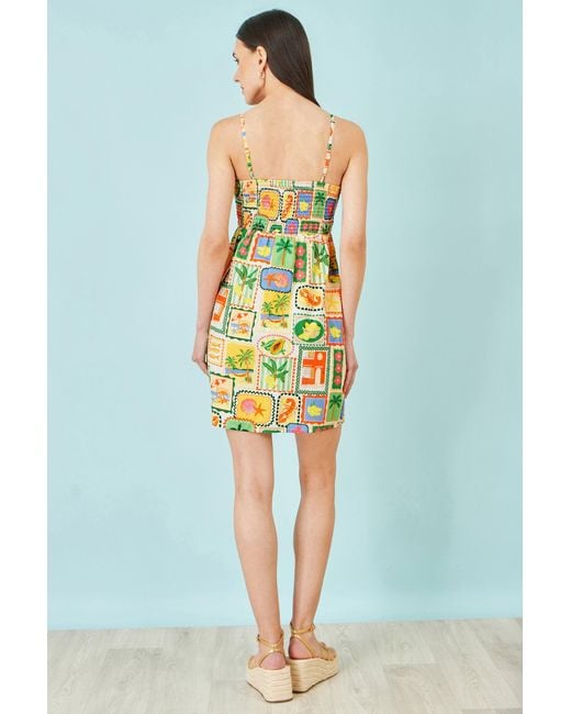 Yumi' Green Multicolour Postcard Print Mini Sun Dress