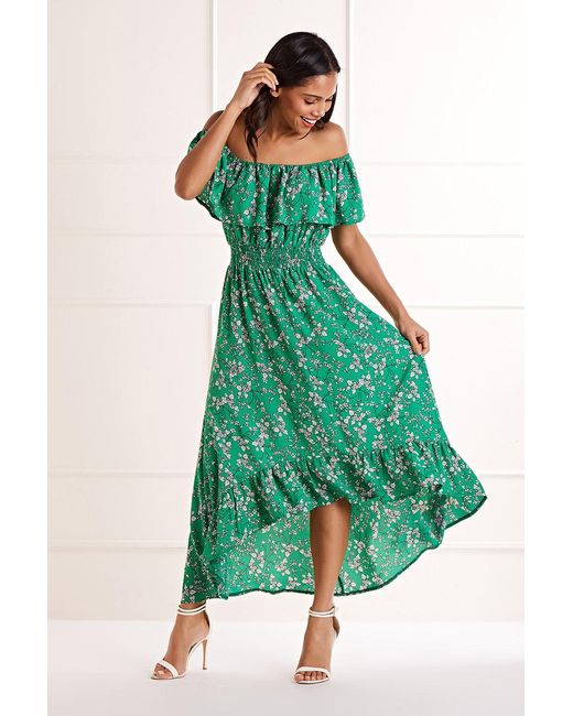 Yumi' Green Bardot Asymmetric Maxi Dress