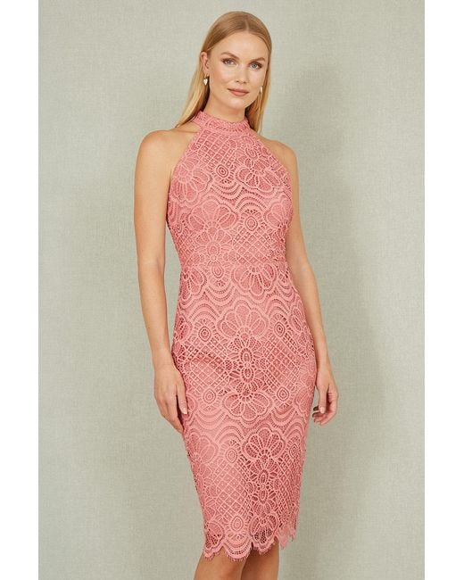 Yumi' Pink Lace Halter Neck Dress