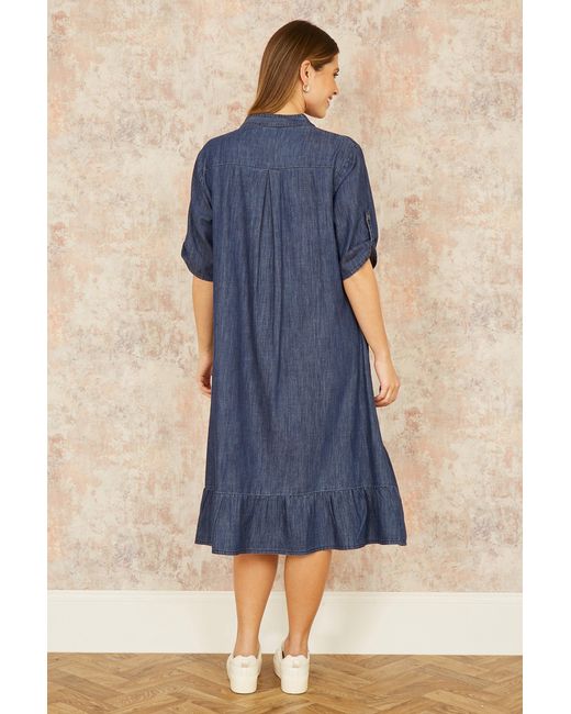 Yumi' Blue Chambray Denim Dip Hem Relaxed Fit Shirt Dress