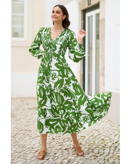 Yumi' Green Abstract Print Ruched Midi Dress With Long Sleeves