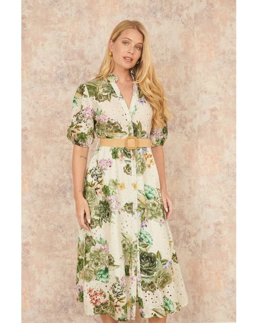 Yumi' Natural Cotton Broderie Anglaise Midi Shirt Dress