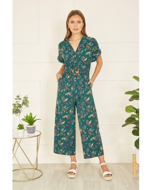 Yumi' Green Recycled Safari Animal Print Jumpsuit