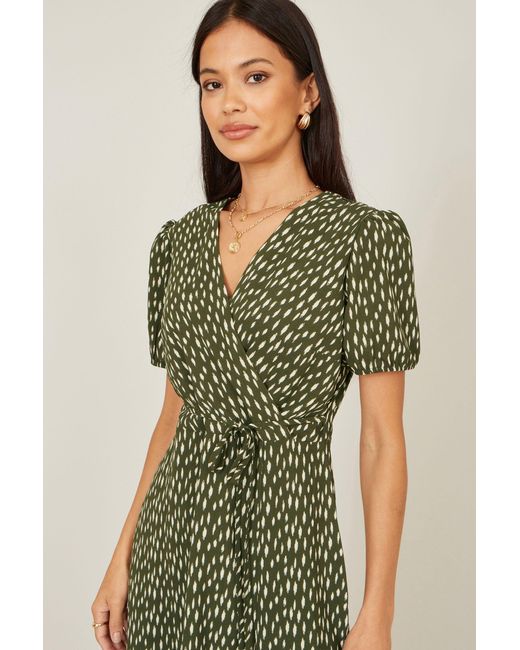Yumi' Green Spot Wrap Midi Tea Dress