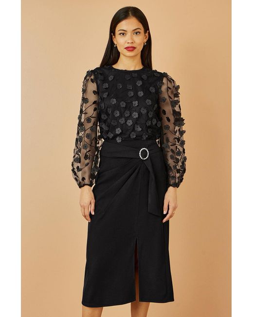 Yumi' Black Sheer Sleeve Applique Flower Top