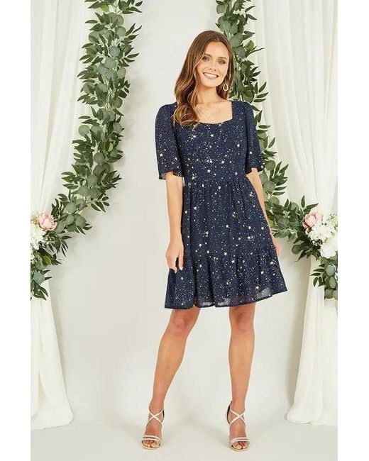 Yumi' Blue Star Print Skater Dress