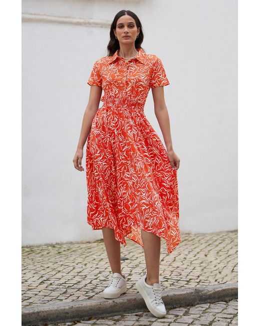 Yumi' Red Tropical Leaf Print Midi Ruched Shirt Dress