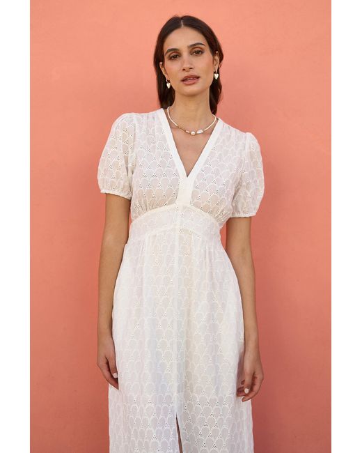 Yumi' Brown Broderie Anglaise Midi Dress With Split Hemline