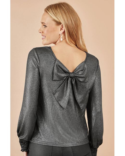 Yumi' Gray Metallic Bow Back Top