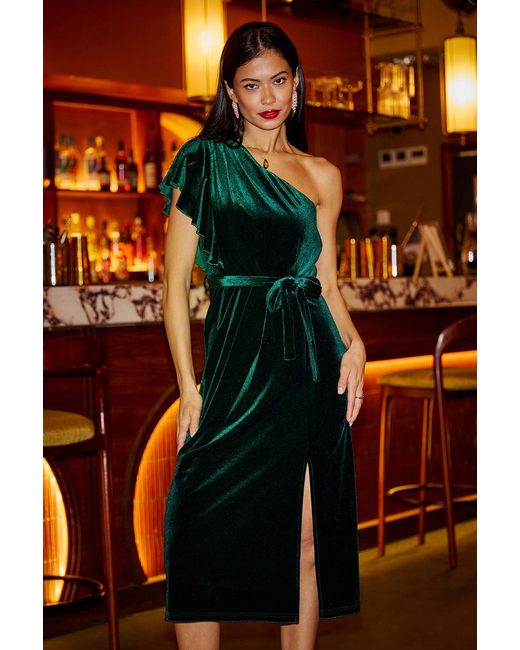 Yumi' Orange Velvet Frill One Shoulder Midi Dress With Split Hem