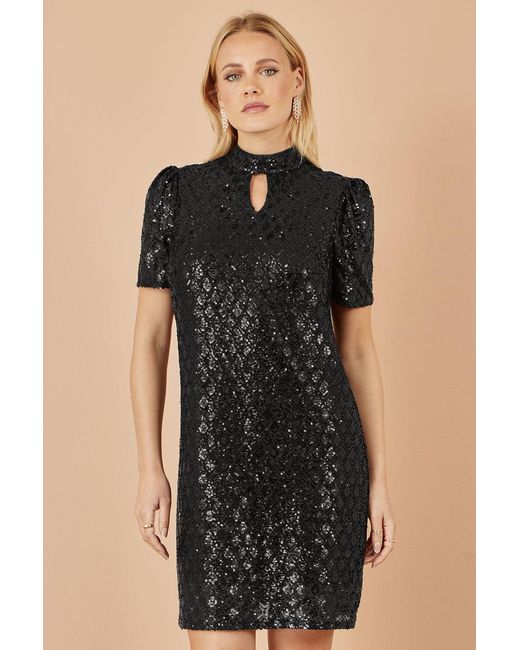 Yumi' Black Sequin Tunic Dress With Chevron Pattern & Keyhole Neckline