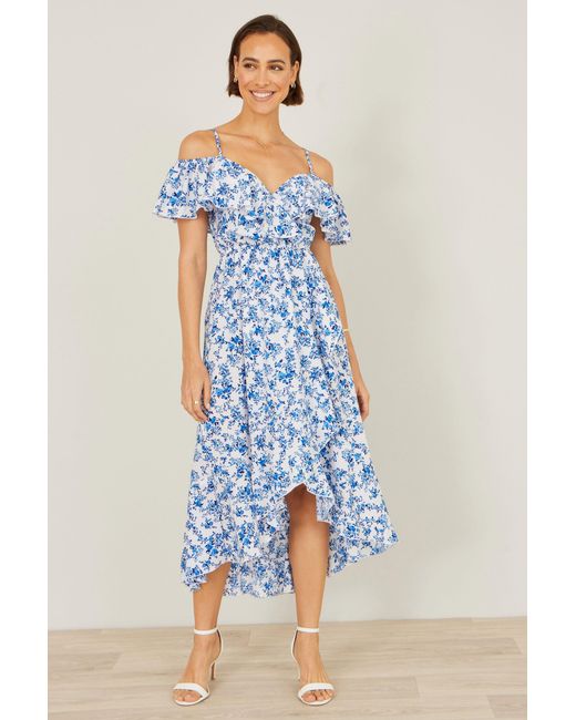 Yumi' Blue Floral Print Bardot Midi Dress With Dip Hem