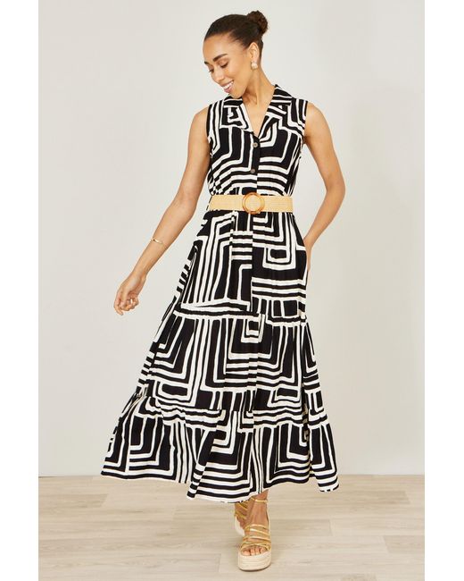 Yumi' White Viscose Geo Print Midi Shirt Dress With Matching Belt