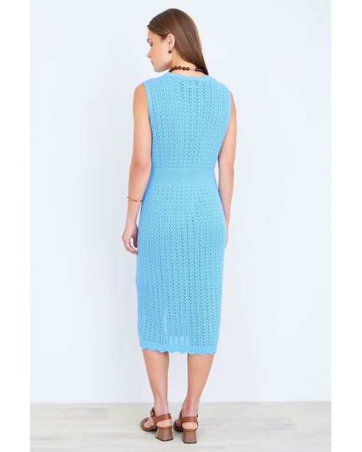 Yumi' Blue Scallop Edge Crochet Knitted Midi Dress