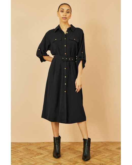Yumi' Black Stretch Midi Shirt Dress