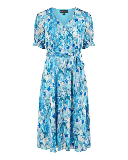 Mela London Blue Mela Abstract Print Tea Dress With Pleats And Front Split