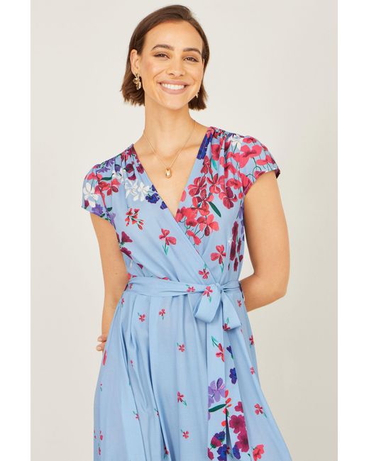 Yumi' Blue Floral Mirror Wrap High Low Midi Wrap Dress
