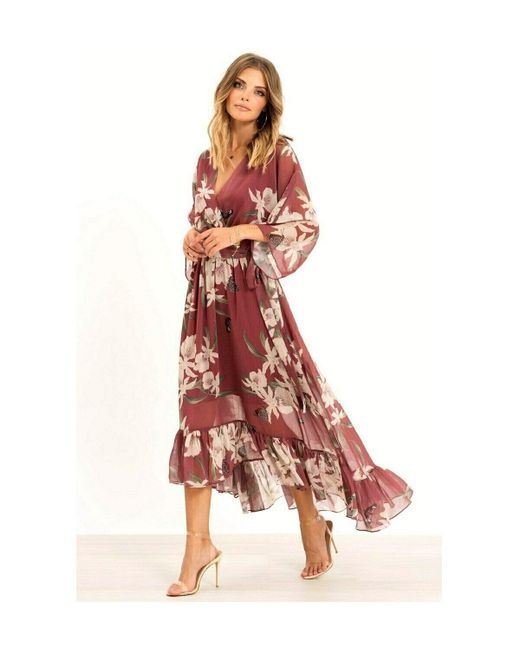 Yumi' Multicolor Floral Print Kimono Rose Midi Wrap Dress Colour: Rose