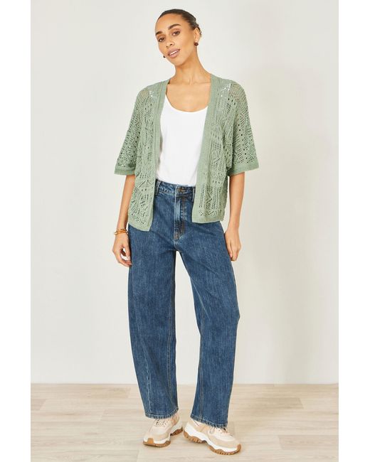 Yumi' Green Crochet Edge To Edge 3/4 Sleeve Cardigan