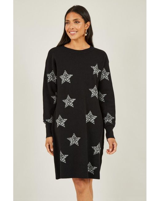 Yumi' Black Star Print Relaxed Fit Tunic Dress