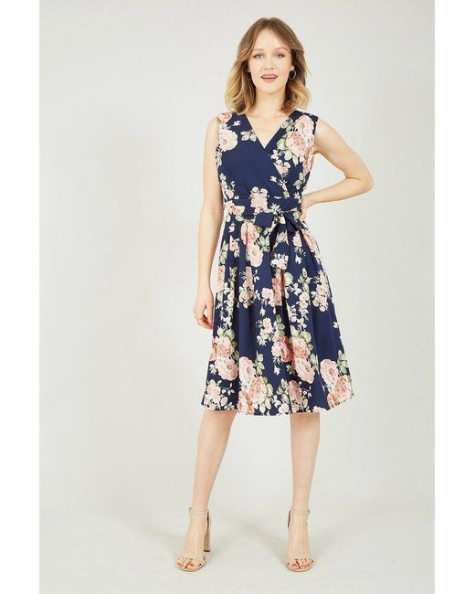 Mela Blue Rose Printed Wrap Over Sleeveless Skater Dress