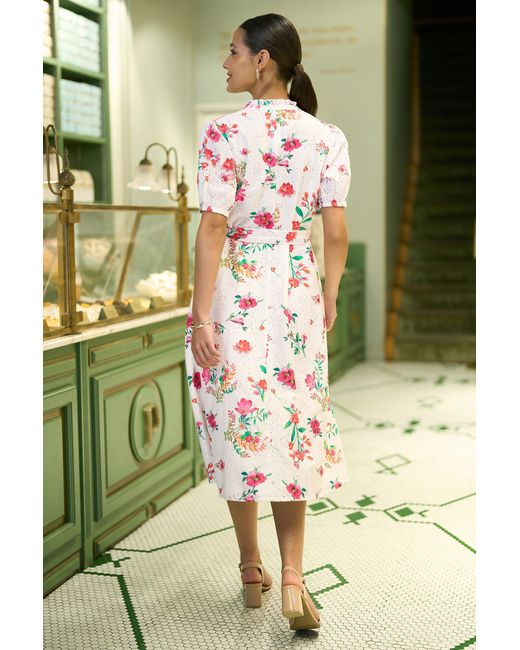 Yumi' Green Floral Print Cotton Broderie Anglaise Midi Shirt Dress