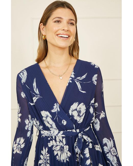 Yumi' Blue Floral Pleated Midi Wrap Long Sleeve Dress