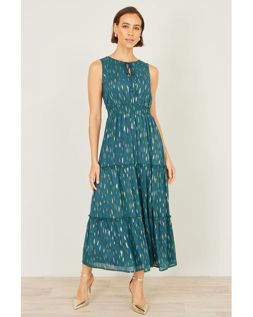 Yumi' Blue Foil Print Ruched Waist Midi Dress With Tie Notch Neckline