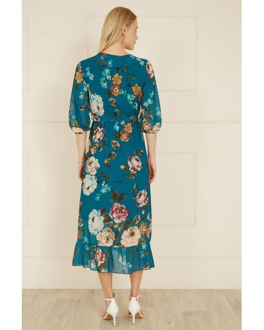 Yumi' Blue Watercolour Dip Hem Midi Wrap Dress
