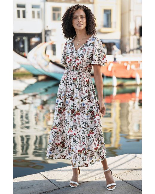 Yumi' White Botanical Print Viscose Midi Dress
