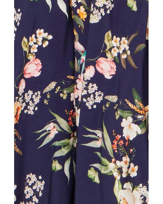 Yumi' Blue Viscose Floral Print Midi Dress With Ruched Waist