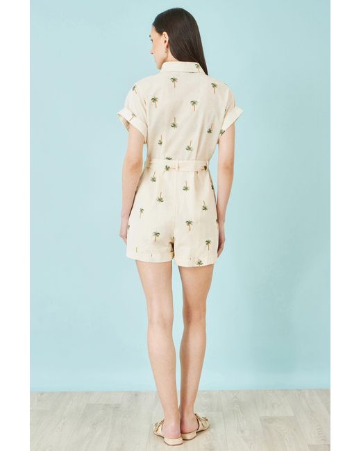 Yumi' Natural Embroidered Palm Print Cotton Playsuit