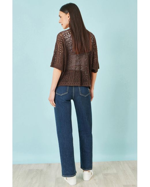 Yumi' Brown Crochet Edge To Edge 3/4 Sleeve Cardigan