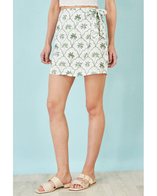 Yumi' Green Palm Print Cotton Wrap Skirt
