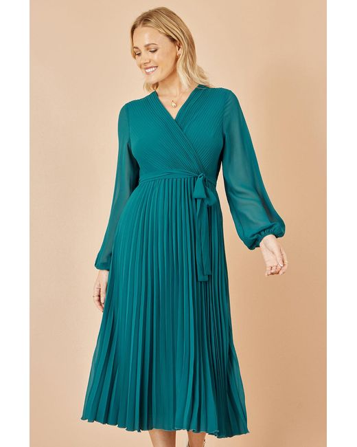 Yumi' Blue Pleated Wrap Midi Dress With Sheer Long Sleeves
