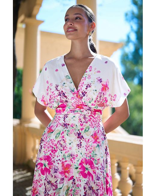 Yumi' Pink Mirror Floral Print Ruched Waist Kimono Midi Dress