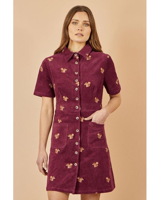 Yumi' Red Cord Shirt Dress With All Over Squirrel Embroidery