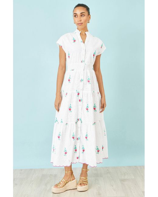 Yumi' Blue Cotton Broderie Anglaise Embroidered Midi Dress